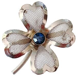 VTG Mid Century Brooch Mesh Clover Blue Rhinestone Silver Tone Pin